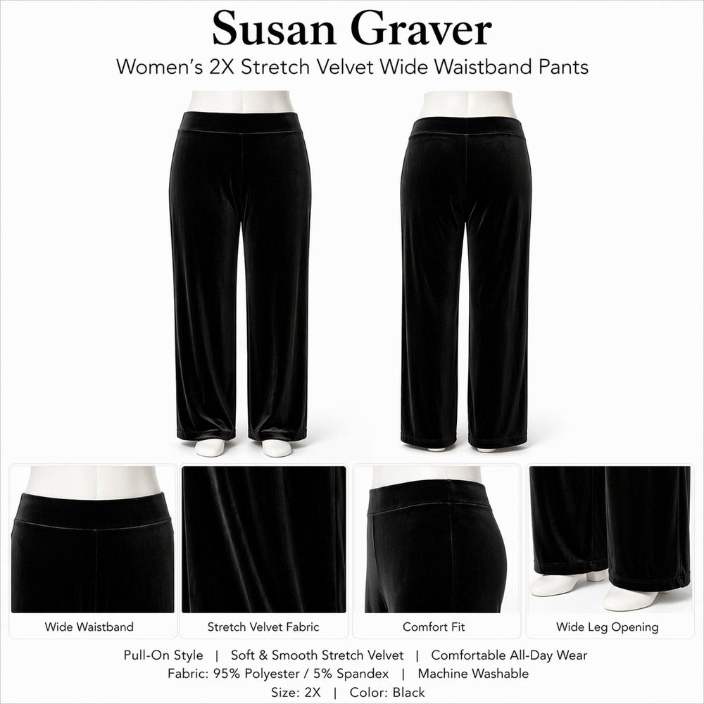 Susan Graver‎ Womens 2X Black Stretch Velvet Wide Waistband Pants A4550 NWT